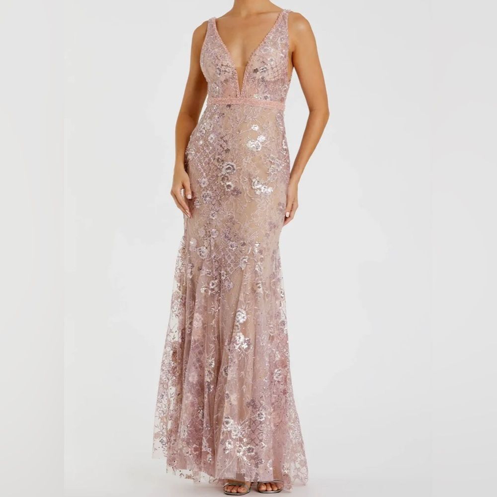 Mac Duggal Pink Floral Embellished Sleeveless Plunge Neck Gown Nwt Size 12